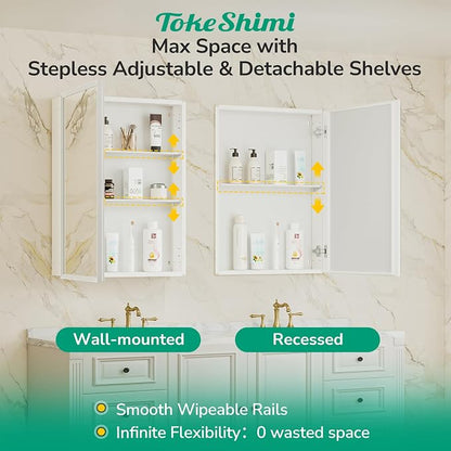36 x 24 White Recessed Medicine Cabinet with Mirror, Assembly Required, Bathroom Medicine Cabinet with Mirror, Stepless Adjustable Shelves, Beveled Aluminum Frame, DTC Hinge