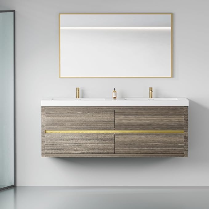 60" Floating Bathroom Vanity with Double Sinks, Wall-Mounted Bathroom Storage Vanity Cabinet with Resin Top Basin and Soft Close Drawers, Fully Assembled, Ash Grey