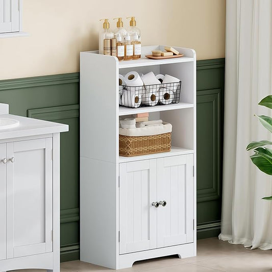 ChooChoo Small Bathroom Storage Cabinet, Narrow Toilet Paper Cabinet with 2 Door and Shelves, Freestanding Bathroom Floor Cabinet and Organizers for Small Spaces, 7.8" D * 15.7" W * 30.7" H, White