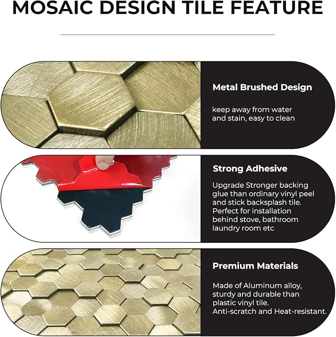 STICKGOO Peel and Stick Backsplash Tiles, Stick on Mosaic Self Adhesive Tiles, 3D Hexagon Backsplash for Kitchen Bathroom Fireplace Vanity (8PCS, Gold)