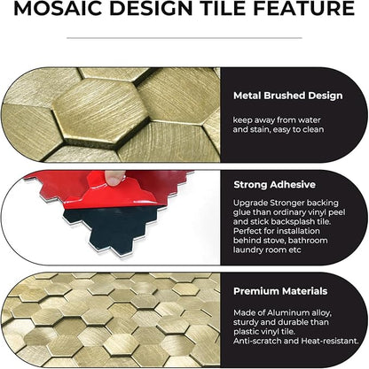STICKGOO Peel and Stick Backsplash Tiles, Stick on Mosaic Self Adhesive Tiles, 3D Hexagon Backsplash for Kitchen Bathroom Fireplace Vanity (8PCS, Gold)