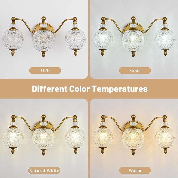 Vintage Bathroom Vanity Light, 3-Light Mid Century Matte Brass Finish Wall Sconce with Globe Glass Shades, Retro Mirror Light for Bathroom, Powder Room