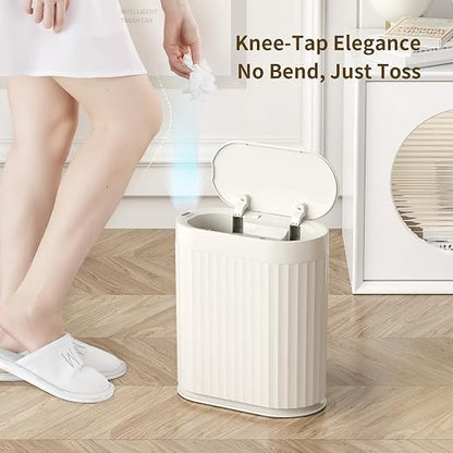 MRBIN Small Trash Can for Bathroom, Automatic Touch Less Garbage Bin with Lid, 2 Gallon Plastic Slim Waste Basket for Office and Kitchen, Electric Motion Sensor Bedroom Bin, Cream White
