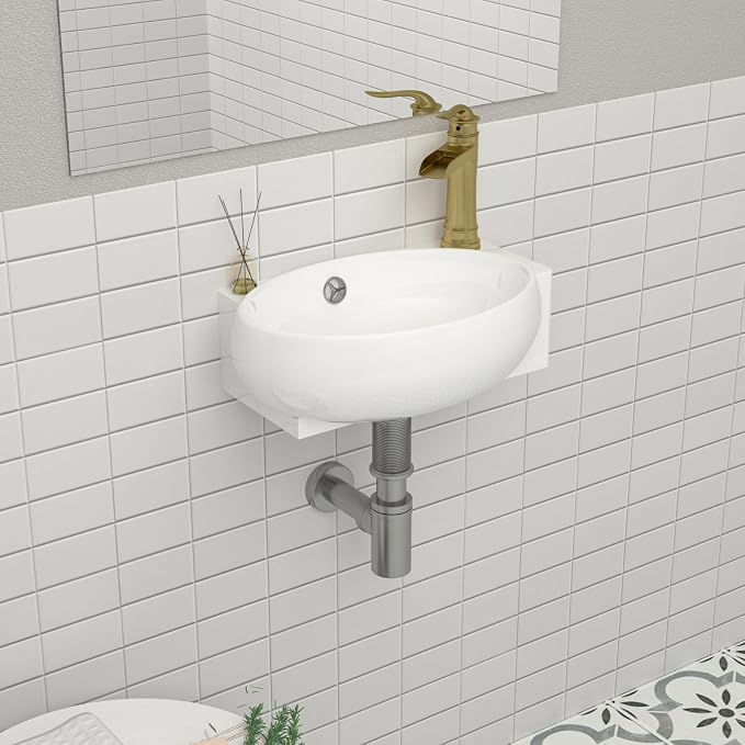 Mocoloo Wall Mounted Bathroom Sink Right Corner Floating Sinks with Faucet Hole 16" White ADA Compliant Ceramic Bathroom Sink Wall Hung Porcelain with Overflow Hole Hand Basin