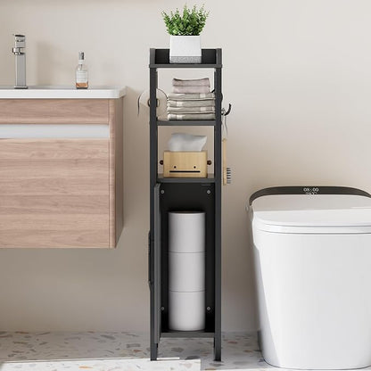 VECELO Small Bathroom Storage Cabinet, Slim Toilet Paper Holder with Shelves & Metal Racks, Organizer Cabinet for Narrow Spaces, Matte Black, Farmhouse Style
