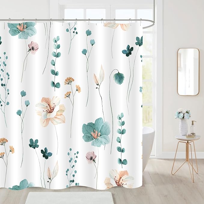 Teal Beige Watercolor Floral Fabric Shower Curtain, 72x84 | Waterproof Fabric, Modern Minimalist Floral Print, Machine Washable, Rustproof Grommets, Fade Resistant, for Bath Home
