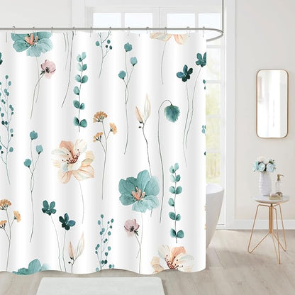 Teal Beige Watercolor Floral Fabric Shower Curtain, 72x84 | Waterproof Fabric, Modern Minimalist Floral Print, Machine Washable, Rustproof Grommets, Fade Resistant, for Bath Home