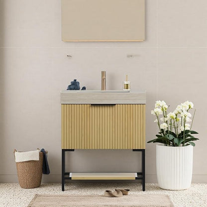 30" Freestanding Bathroom Vanity with Sink, Bathroom Vanity with Sintered Stone Top & Undermount Ceramic Basin, Pre-Assembled Striped Bathroom Storage Cabinet with Drawer & Open Shelf, Oak