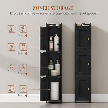 Slim Bathroom Storage Cabinet, Narrow Cabinet with 3 Doors, Small Bathroom Organizers and Storage, Laundry Room Organization for Small Space, Kitchen, Living Room, Black 022304X