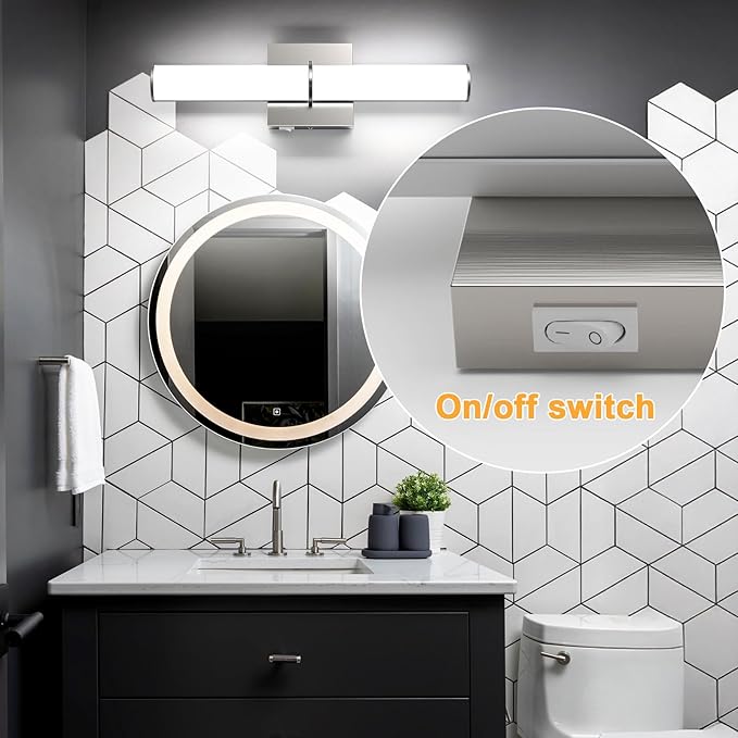 OOWOLF 17.3Inch Modern Vanity Light Fixture with Switch, 12W 5000K Led Bathroom Light Fixture Over Mirror, Hardwired, Brushed Nickel 1200LM Vanity Light Bar for Mirror Bedroom Hallway Living Room