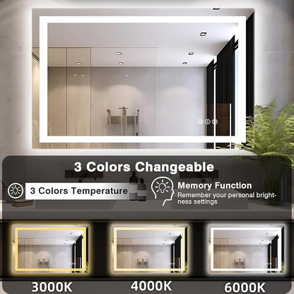 EchosLife 48"x32" LED Bathroom Mirrors for Wall | Backlit + Front Lit, Anti-Fog, Stepless Dimmable, 3 Colors, Memory, Tempered Glass, UL Listed, Horizontal/Vertical