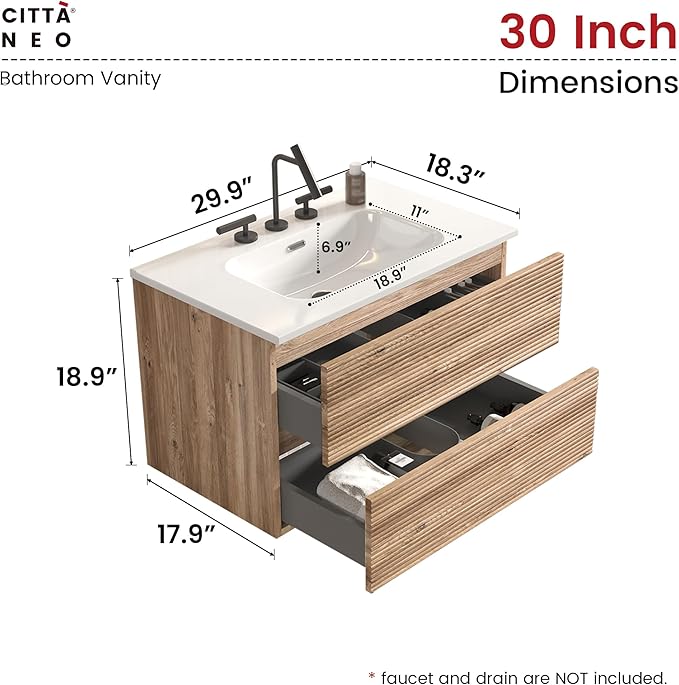 30" Floating Bathroom Vanity with Sink, Modern Wall Mounted Floating Vanity with Ceramic Sink, Double Soft-Close Drawers for Small Space, Apartment, Rough Oak