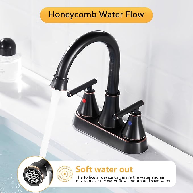 Bathroom Sink Faucet 4 Inch 2 Handle Centerset Oil Rubbed Bronze Lead-Free Modern Bathroom Faucet Vanity Faucet with Pop-up Drain Stopper and Supply Hoses