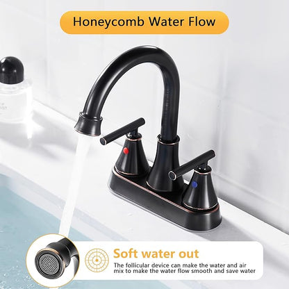 Bathroom Sink Faucet 4 Inch 2 Handle Centerset Oil Rubbed Bronze Lead-Free Modern Bathroom Faucet Vanity Faucet with Pop-up Drain Stopper and Supply Hoses
