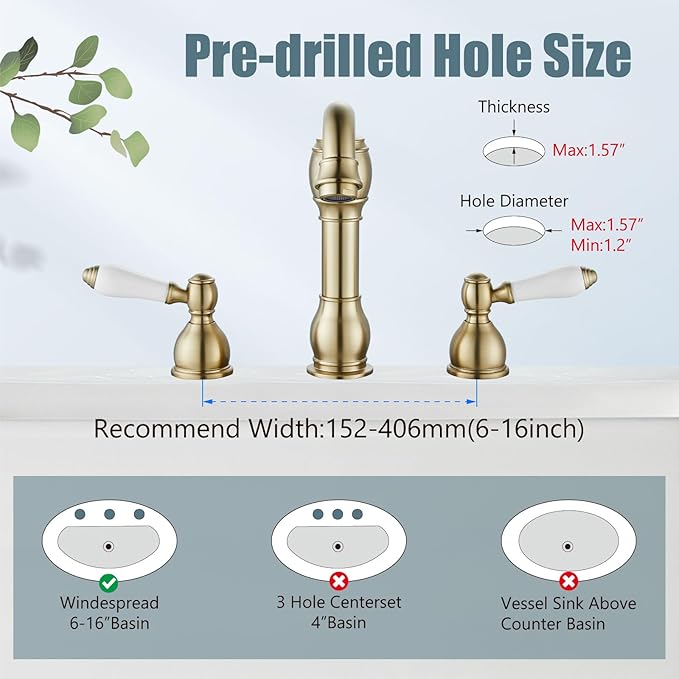 Aolemi 8 Inch Widespread Bathroom Sink Faucet 3 Hole Deck Mount Vanity Basin Mixer Tap with Pop Up Drain Assembly Brushed Gold Double Ceramic Handle