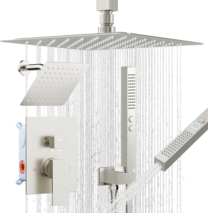 Shower Faucet Set Brushed Nickel Shower System,Bostingner Five Function Diverter Shower Faucet with 2 in 1 Handheld,10'' Ceiling Mount and 6’‘ Wall Mount Shower Head Rainfall Shower Set with Valve