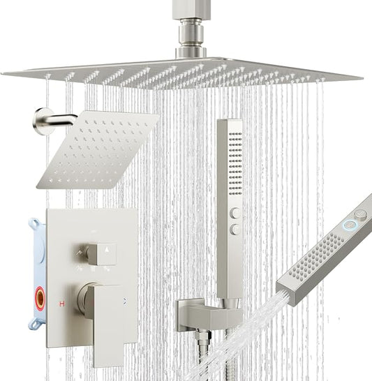 Shower Faucet Set Brushed Nickel Shower System,Bostingner Five Function Diverter Shower Faucet with 2 in 1 Handheld,10'' Ceiling Mount and 6’‘ Wall Mount Shower Head Rainfall Shower Set with Valve