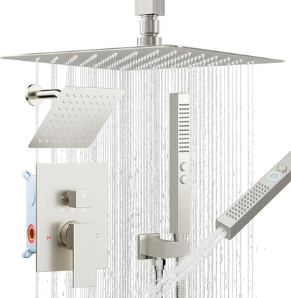 Shower Faucet Sets 12'' Ceiling Mount Shower Systems,Bostingner Five Function Diverter Dual Head Shower Set,6’‘ Wall Mount Rainfall Shower System with 2 in 1 Handheld Spray Brushed Nickel