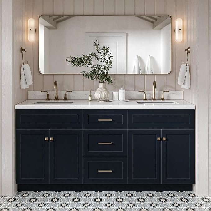 DKB Bradford 72 Inch Bathroom Vanity Double Sink — Midnight Blue Bathroom Vanity with Sink, 1.5" Edge Carrara White Countertop & Backsplash, 4 Soft-Close Doors, and 3 Dovetail Drawers
