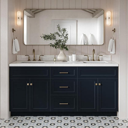 DKB Bradford 72 Inch Bathroom Vanity Double Sink — Midnight Blue Bathroom Vanity with Sink, 1.5" Edge Carrara White Countertop & Backsplash, 4 Soft-Close Doors, and 3 Dovetail Drawers