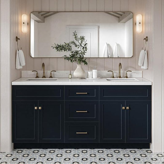 DKB Bradford 72 Inch Bathroom Vanity Double Sink — Midnight Blue Bathroom Vanity with Sink, 1.5" Edge Carrara White Countertop & Backsplash, 4 Soft-Close Doors, and 3 Dovetail Drawers