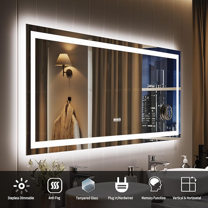 LED Bathroom Mirror 60 x 24 inch, Lighted Bathroom Vanity Mirror with Front Light and Backlit LED, Frameless Wall Mounted Bathroom Mirror with Adjustable Color Temperature