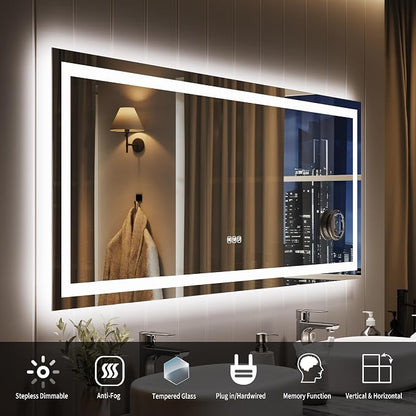 LED Bathroom Mirror 60 x 24 inch, Lighted Bathroom Vanity Mirror with Front Light and Backlit LED, Frameless Wall Mounted Bathroom Mirror with Adjustable Color Temperature
