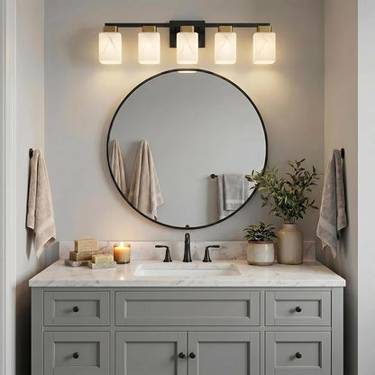 5-Light Square Bathroom Light Fixture, Black and Gold Modern Vanity Light with White Marble Glass Shade, for Bathroom Mirror, Living Room, Bedroom, Hallway, E26 Base