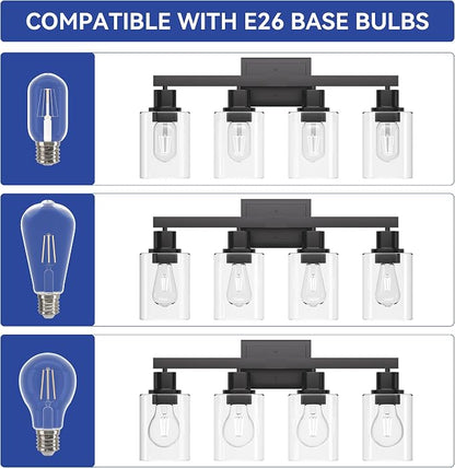 Hasipu Modern Bathroom Light Fixtures, 4 Light Black Vanity Lights | HD Clear Round Glass Shade, Durable Metal, Standard E26 Socket, Easy Installation, Farmhouse Bathroom Lighting