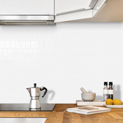 10-Sheet Long Hexagon Peel and Stick Kitchen Backsplash Tiles | 3D Waterproof Self-Adhesive Wall Tile Stick on Backsplash for Kitchen, Bathroom, Fireplace,RV(White,12"×12")
