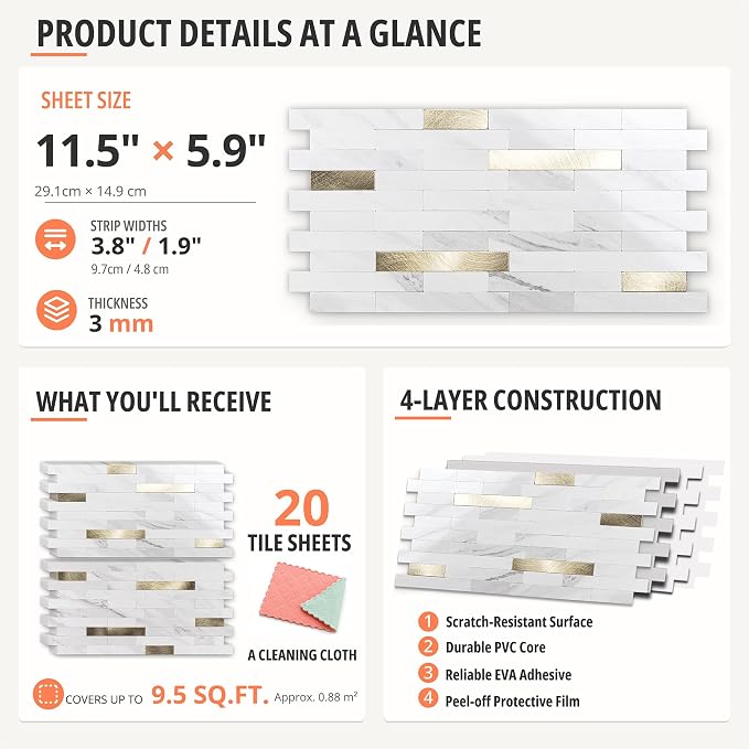 StyloVue 20 Sheets Peel and Stick Backsplash for Kitchen, Sparkle White Marble Look with Gold Metal, Glossy Finish, Stick on Tile for Kitchen Backsplash, RV, Fireplace