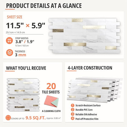 StyloVue 20 Sheets Peel and Stick Backsplash for Kitchen, Sparkle White Marble Look with Gold Metal, Glossy Finish, Stick on Tile for Kitchen Backsplash, RV, Fireplace