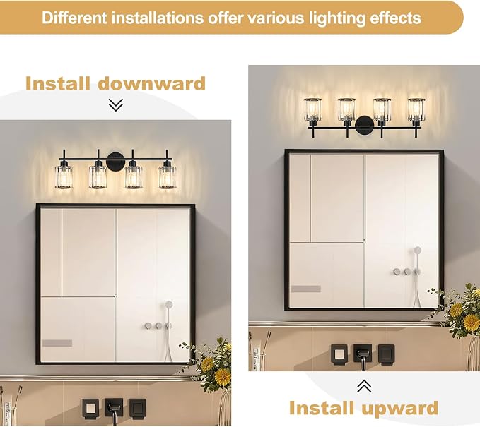 Black Bathroom Light Fixtures, Round, 4-Light | Vanity Lights with Crystal Shades, Modern Bathroom Lighting Fixtures over Mirror (Bulbs Not Included, E26)