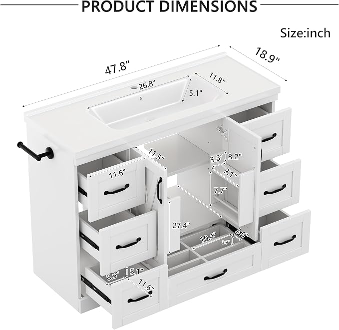 48" Bathroom Vanity with Sink, Freestanding Bathroom Cabinet | Ceramic Top & Backsplash, 7 Storage Drawers, X-Shaped Doors, Adjustable Shelving, Door Storage and Towel Bar, White