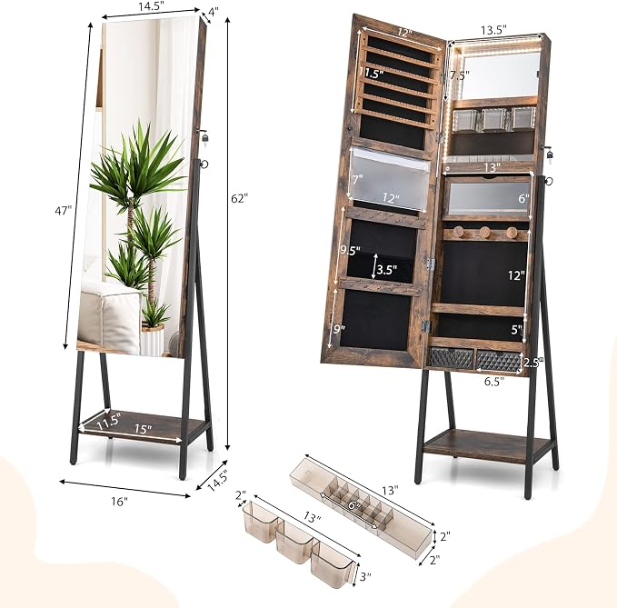 CHARMAID Standing Jewelry Armoire with Full Length Mirror, Lockable Jewelry Cabinet Organizer with Lights, 3 Lighting Modes, Foldable Makeup Tray, Storage Drawers & Shelves (Rustic Brown)