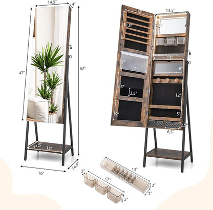 CHARMAID Standing Jewelry Armoire with Full Length Mirror, Lockable Jewelry Cabinet Organizer with Lights, 3 Lighting Modes, Foldable Makeup Tray, Storage Drawers & Shelves (Rustic Brown)