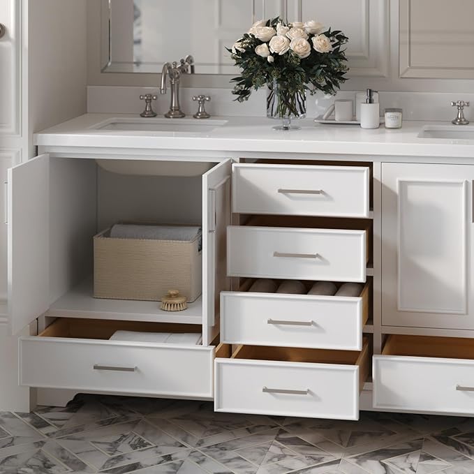 ARIEL Stafford 72-inch Bathroom Vanity with Sink,Solid Wood, 1.5-inch Pure White Quartz Countertop & Backsplash, Double Rectangular Porcelain Sink, 4 Soft Closing Doors, 6 Dovetail Drawers, White