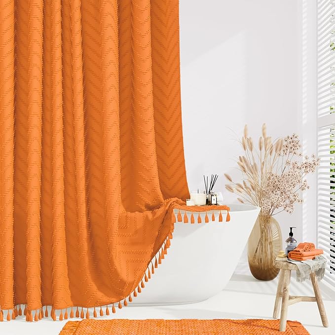 Long Boho Farmhouse Shower Curtain Chevron 72x78 Burnt Orange | 78 Inch Tall, Elegant Tassel, Lightweight Textured Fabric, Water Repellent, Washable, Hotel Spa, for Bathroom/Dorm 12 Hooks