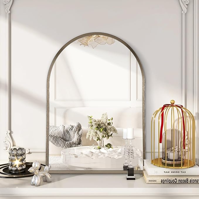 Arched Wall Mirror Bathroom Mirror Brushed Metal Vanity Wall Mounted Mirror for LivingRoom Bedroom Entryway Room Home Decor 26"x18"