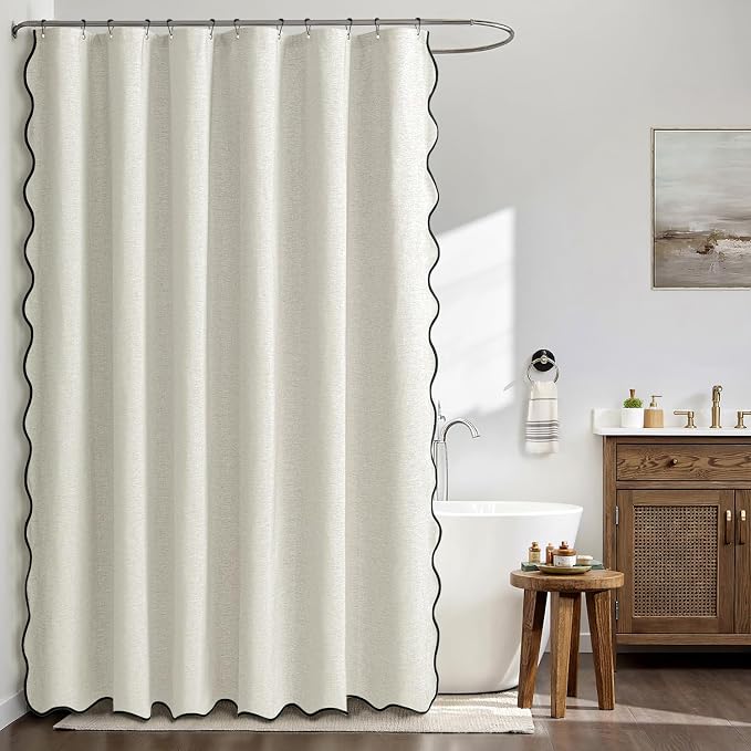 MIULEE 72"x84" Extra Long Scalloped Linen Shower Curtain Birch | Linen Textured, Waterproof, Washable, 12 Metal Hooks, Heavy Duty Cloth, Black Border, Shower Curtain for Bathroom Bathtub