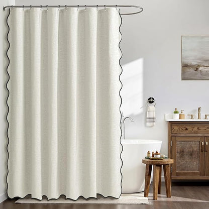 MIULEE 72"x84" Extra Long Scalloped Linen Shower Curtain Birch | Linen Textured, Waterproof, Washable, 12 Metal Hooks, Heavy Duty Cloth, Black Border, Shower Curtain for Bathroom Bathtub