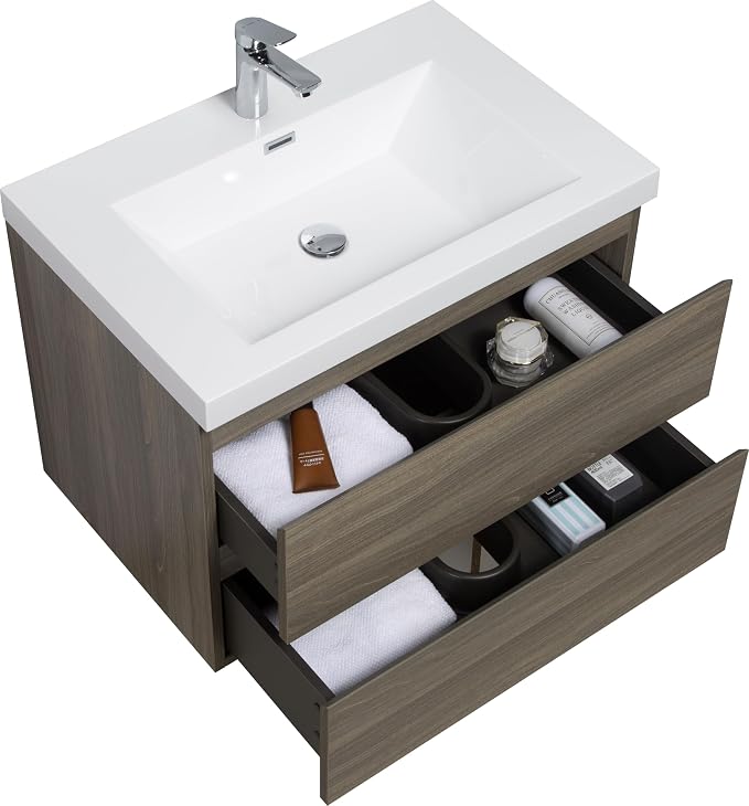 30 Inch Floating Bathroom Vanity with Sink, Large Storage Wall Mounted Floating Vanity with Soft Close Drawers, One-Piece Basin Bathroom Sink Cabinet (Ash Grey, 30 Inch)