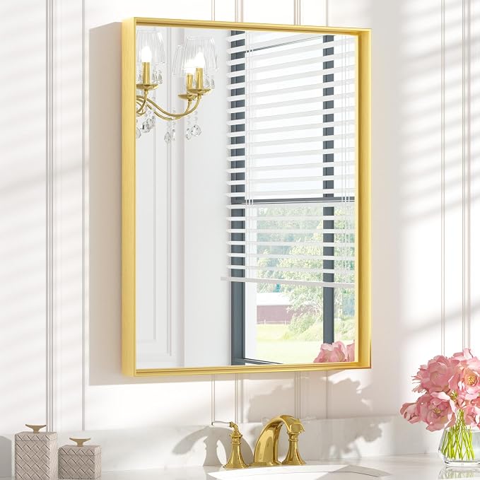 Keonjinn 24x32 Inch Gold Bathroom Mirror for Over Sink, Aluminum Alloy | HD Tempered Glass, Vanity Mirror, Brushed Framed, Square Corner, Modern Farmhouse, Wall Mounted Mirrors, Rectangular