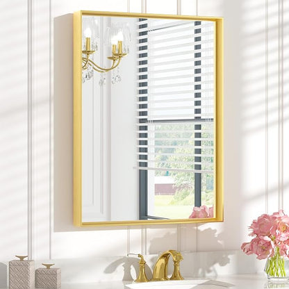 Keonjinn 24x32 Inch Gold Bathroom Mirror for Over Sink, Aluminum Alloy | HD Tempered Glass, Vanity Mirror, Brushed Framed, Square Corner, Modern Farmhouse, Wall Mounted Mirrors, Rectangular