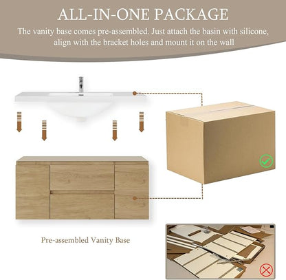 KEIKI 48'' Wall-Mounted Bathroom Vanity with Sink - Floating Design, 2 Soft-Close Drawers & Doors & Resin Basin, Space-Saving for Small Bathrooms, Natural Oak