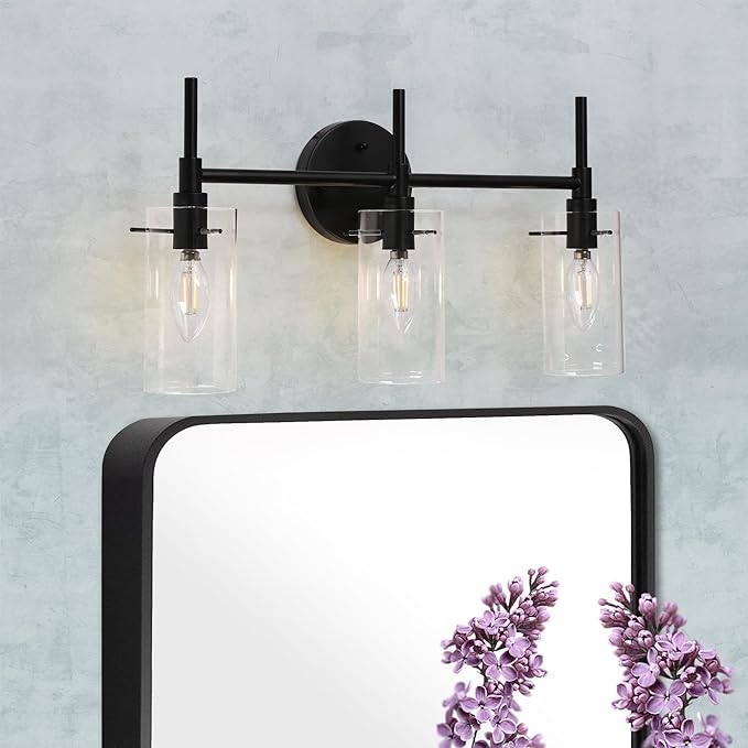 classy leaves 3 Light Bathroom Light Fixtures, Matte Black Bathroom Vanity Light, Modern Farmhouse Bathroom Lights Over Mirror, Black Bathroom Wall Lights with Glass Shades for Bedroom, Living Room
