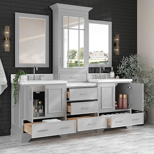 ARIEL Stafford 84-inch Bathroom Vanity with Sink,Solid Wood, 1.5-inch Carrara White Quartz Countertop & Backsplash, Double Rectangular Porcelain Sink, 5 Soft Closing Doors, 6 Dovetail Drawers, Grey