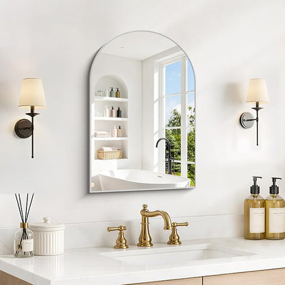 Arched Bathroom Mirror 16x24 Inch, Bathroom Mirror for Over Sink, Wall Mounted Vanity Mirror with Aluminum Frame & Tempered Glass, Ideal for Bedroom, Entryway, Living Room, Silver
