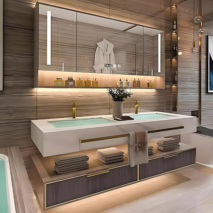 Double Bathroom Vanity with Sink, Luxury Floating Bathroom Vanity Set Includes Slate Countertop, Towel Bar & Defog Mirror Cabinet Solid Wood Vanities with Lights(76 inch)