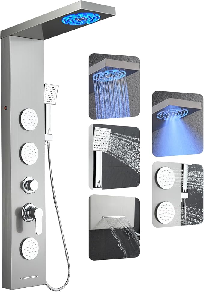 ROVOGO Shower Panel Tower System with Led Lights, 2-Mode Shower Head, 3 Body Jets, Handheld and Tub Spout, 46.5" Stainless Steel Shower Column with Mixer Valve, Brushed